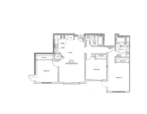 Floor plan for 3 beds, 2 baths, 1319 sqft